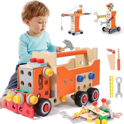 XIAPIA Boîte à Outils en Bois pour Enfants – 124 Pièces Deluxe, Kit de Construction Grande Taille, Jouet Éducatif, Développement de la Motricité et de la Créativité – Dès 3 Ans