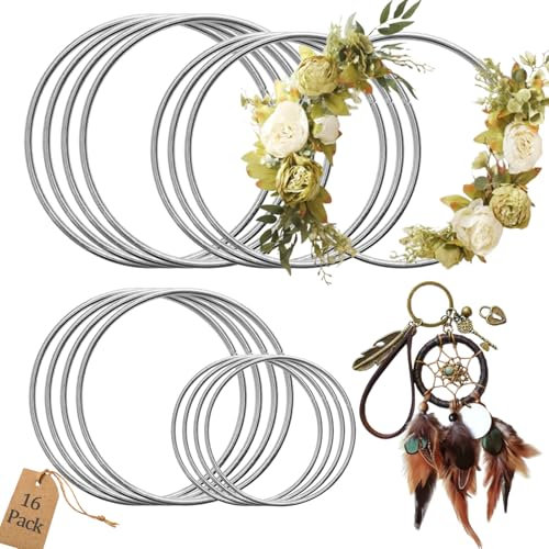 16 Stück Metallringe zum Basteln,Metallring 5/10/15/20cm, Traumfänger Ringe, Dekoringe zum Hängen, Ringe Hoops für Hochzeit Kranz Decor,Traumfänger und DIY Handwerk