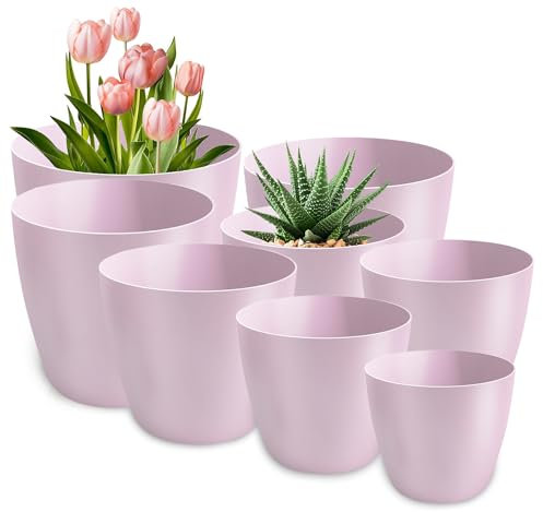 PECZEKO Blumentopf matt, 8er-Set blumenkübel, 9,5/12/14/16/18/20/25/30 cm Pflanzkübel aus Übertopf Kunststoff Topf für, groß und klein Pflanzen, 8er-Set blumenkübel kräutertopf, Rosa