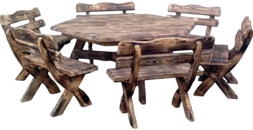 Generisch SZE-OP Rustikale Gartenmöbel-Sitzgruppe, 12 Personen, Holz geflammt, Tisch mit 12 Stühlen