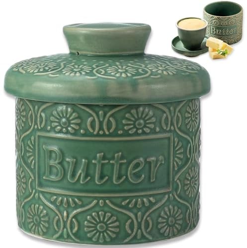 Butterglocke Keramik,Französische Butterdose Mit Wasserkühlung,Butterkühler 150g,Butterdosen Mit Deckelf,Buttertopf Für Frische Und Streichfähige Butter,Butterdose Wasser (Grün, 6.7oz)