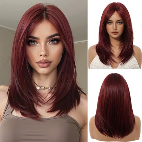 OUFEI Weinrote Perücke Damen Mittellange Lange Gerade Perücke mit Vorhang Pony Synthetisches Haar Hitzebeständig Perücken für Jeden Tag Party Cosplay Tragen