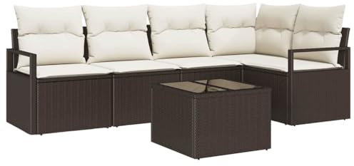 vidaXL 5-teiliges Garten-Sofa-Set mit Kissen in Braun aus Poly-Rattan | Modulares Outdoor-Sofa, handgewebt, stylisches Terrassenmöbel, Sitzgruppe, Lounge-Anordnung, Couch
