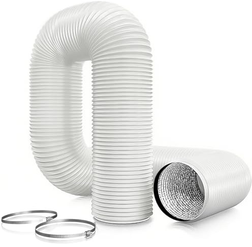 Brogachy Tubo di scarico ø150 mm (bianco) 5 m, tubo flessibile in alluminio PVC, tubo di scarico con 2 fascette stringitubo in acciaio inox per aria condizionata mobile, asciugatrici, cappa, sistema