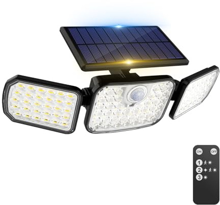 Peasur Solarlampen für Außen mit Bewegungsmelder, 1 Stück LED Aussenleuchte mit Fernbedienung 3 Modi, IP65 Wasserdicht 270°Drehbar Solarleuchten 3 Köpfe für Garten Balkon Veranda Garage