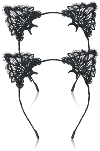 2 Pcs Katzenohren Haarreif Erwachsene,Haarreif Fasching Damen Katze Ohren | Karneval Katzen Leoparden Schwarz Spitze Kopfschmuck Kostüm Haarreifen Accessoires Set für Frauen Kinder Katzenkostüm