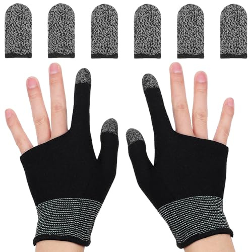 YOSADIER Copper Fiber Gaming Finger Sleeves Set with 1 Pair Two-finger Gloves and 3 Pairs Black Finger Covers, Elastic Touchscreen Gloves for Mobile Gaming and Phone Use