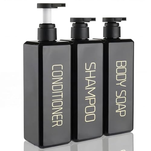 Hokretme Shampoo and Conditioner Dispenser 550ml 3 Pack Shower Soap Bottles Refillable Shampoo Pump Bottle Dispenser Plastic Empty Body Wash Dispensers with Permanent Labels for Bathroom (Black)