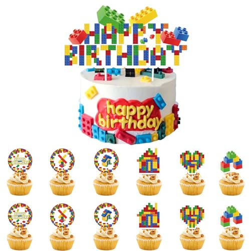 Ovanda Bausteine Geburtstag Deko, 13 Stück Bausteine Kuchenaufsatz, Gaming Dekoration Spiel Cupcake Aufsätze für Spiele Motto Partys Geburtstag Party Dekorationen, Tortendeko Bausteines