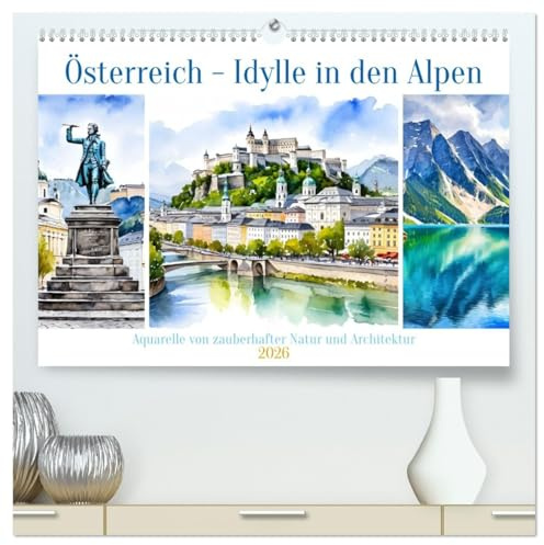 Österreich - Idylle in den Alpen (hochwertiger Premium Wandkalender 2026 DIN A2 quer), Kunstdruck in Hochglanz: Zauberhafte Aquarelle von Natur und Architektur (CALVENDO Orte)