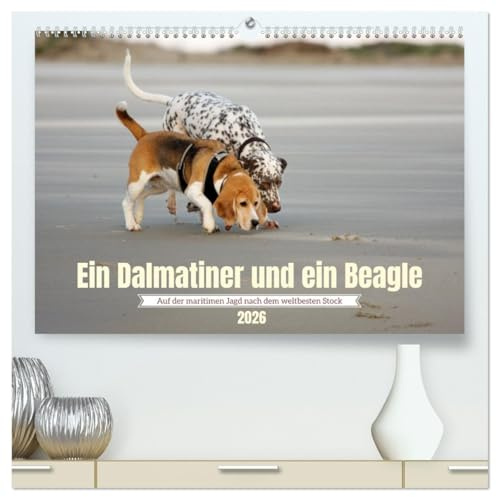 Ein Dalmatiner und ein Beagle - Auf der maritimen Jagd nach dem weltbesten Stock (hochwertiger Premium Wandkalender 2026 DIN A2 quer), Kunstdruck in ... und das Meer? Ich auch! (CALVENDO Tiere)