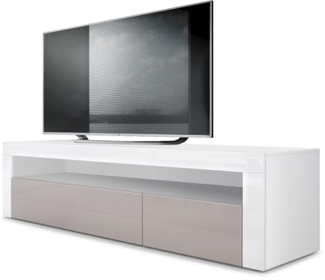 Vladon Lowboard Valencia, Made in Germany, TV-Kommode mit 1 offenem Fach und 2 Klappen, Weiß matt/Sandgrau Hochglanz/Weiß Hochglanz (155 x 46 x 40 cm)