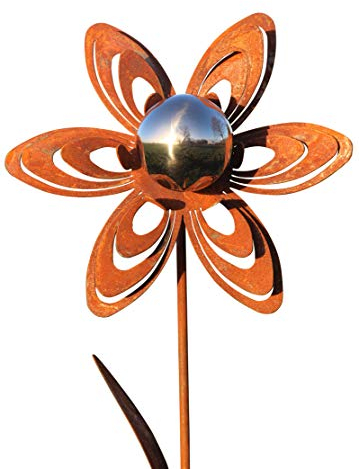 Bornhöft Gartenstecker Metall Rost Gartendeko rostige Dekoration Edelrost mit Edelstahlkugel(Blume Jana)