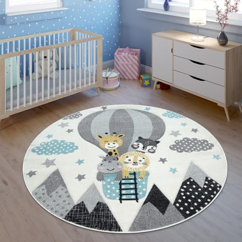 TT Home Kinderteppich 3D Optik Konturenschnitt Dschungeltiere Luftballon Motiv In Creme, Größe:200x290 cm