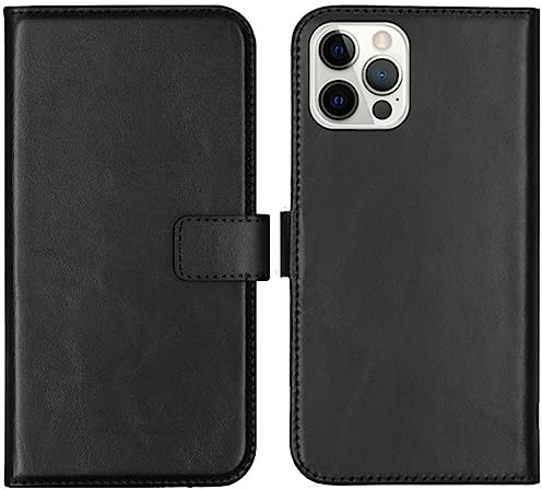 SELENCIA Bookcase Hülle kompatibel mit iPhone 12 Pro, iPhone 12 – Era Leder Handytasche Side Flip Case – Handyhülle aus Rindsleder in Schwarz [3 Kartenfächer, Magnetverschluss]