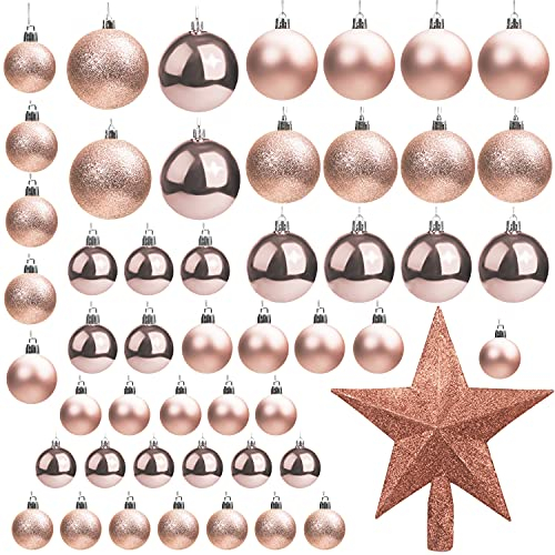 Belle Vous Set di 50 palline di Natale rosa oro con stella – sfera di abete brillante di diverse dimensioni con 1 stella – decorazione albero di Natale, decorazione per interni ed esterni