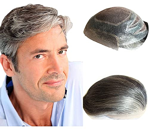 NLW Toupet Echthaar Männer 0.04 mm Thin Skin PU with Lace Toupet Herrenperücken 8 * 10 Base Herren Echthaar perücke schwarz und grau 110% Density(#1B40)