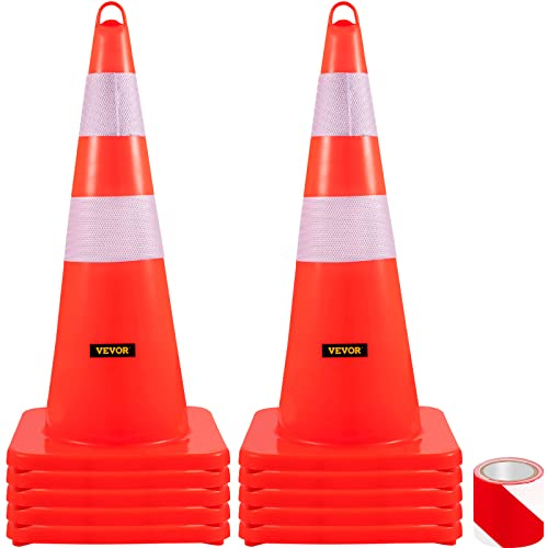 VEVOR Sicherheitskegel, 10 Stück 28 Zoll Verkehrskegel, Orangefarbene PVC-Baukegel, 2 Reflektierende Kragen, Verkehrskegel mit Beschwerter Basis und Handring, für Verkehrskontrolle