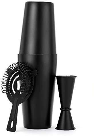 JNWINOG Cocktail Shaker Set 4-Piece Boston Shaker Kit with 20oz/25oz Shaker,Strainerand 0.5/1oz Double JiggerBar Set for Home Drink Mixer Bartendiing (Matte Black, 20oz/25oz)