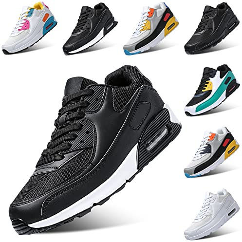 Padgene Men Women Running Shoes Sports Trainers Breathable Lightweight Sneakers Air Cushion Low Top Footwear Waking Fitness Lace up Shoes for Walking Gym Jogging Fitness Athletic Casual Black White
