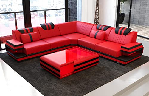 Ecksofa Ragusa Ledersofa L Form Sofa - mit LED Beleuchtung, verstellbare Kopfstützen/Lederfarben wählbar (Rot-Schwarz)