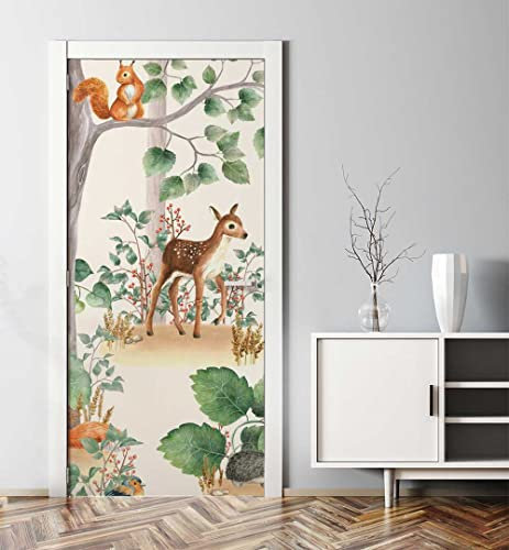 MyMaxxi - Tür bekleben mit Türtapete Türposter Türfolie Selbstklebend 90x200 Waldtier Zeichnung - Tür verschönern Türaufkleber Türklebefolie Malerei REH Blumen Mehrfarbig