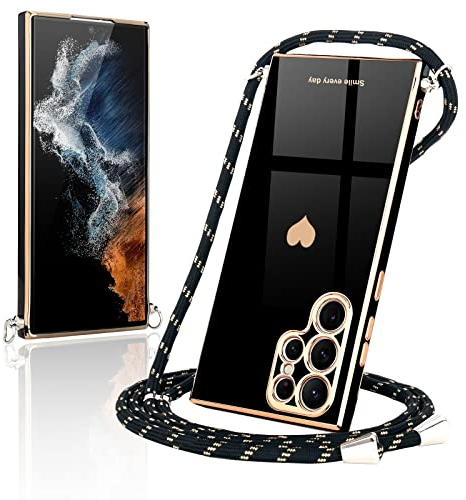 Wirvyuer Handyband Kompatibel mit Samsung Galaxy S22 Ultra 5G Handyhülle mit Band zum Umhängen Kameraschutz Liebesherz Hülle mit Kordel Galvanik Silikon Schutzhülle für Samsung S22 Ultra 5G Schwarz