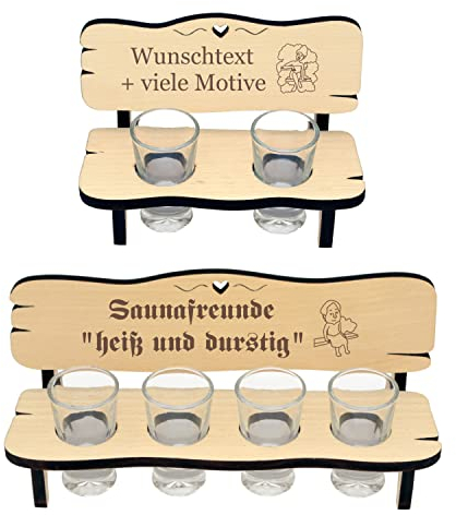 Saunabank mit Schnapsgläsern - Gravur mit Name + Spruch - mit Zwei Gläser oder 4, Geschenkidee für Saunafreunde, Sauna Bänkle, Sauna Geschenk