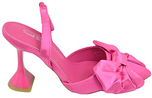 Scarpe Decollete Mules Donna Elegante Punta in Raso Fucsia Tacco Martini 9 Cerimonia con Fiocco Tono su Tono Comodo Moda (37 EU)