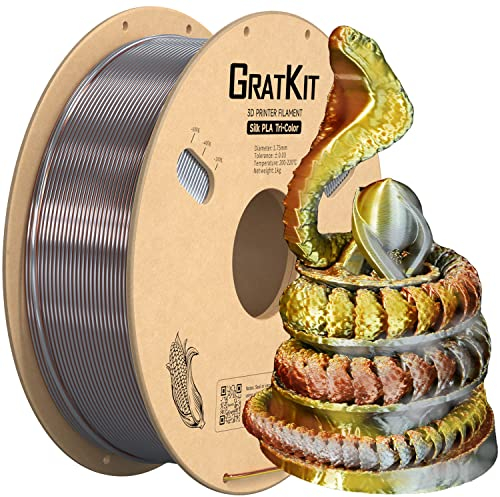 Gratkit Silk Tri-Color PLA Filament,3D Printer Filament 1.75mm, -0.03mm, 1KG/Roll, Silk PLA Gold/Silver/Copper