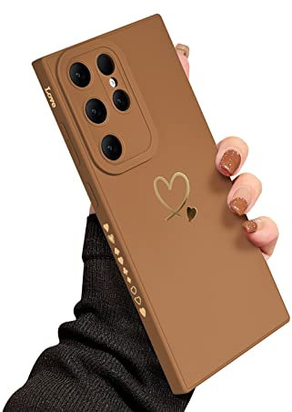 Newseego Handyhülle Samsung Galaxy S23 Ultra Hülle für Frauen Mädchen, Gold Herzmuster Weiches Silikon S23 Ultra Hülle Niedlicher Herz Rand Stoßfeste Kamera Schutzhülle für Samsung S23 Ultra-Kaffee