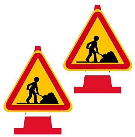 AUA SIGNALETIQUE -Lot de 2 Panneaux AK5 avec Sangles pour Cône- Travaux en Cours - Base 700 mm - PVC 5 mm - sans Cône