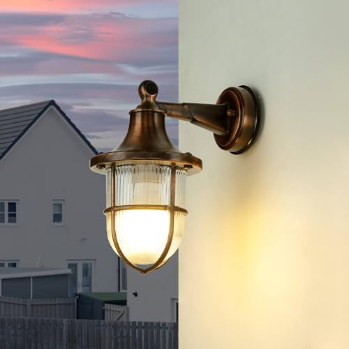 Licht-Erlebnisse Außenlampe Kupfer Antik, Außenleuchte Messing, Riffelglas, Maritime Wandlampe Außen, Balkon, Terrasse, IP64, T:22 cm, E27, Schiffslaterne, Gartenlampe Rustikal