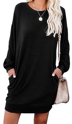 PrinStory Women Jumper Dress Long Sleeve Winter Dresses Casual Loose Mini Dresses Knitted Pullover Sweater Tunic Tops Basic Dress With Side Pockets UK Size 14-16 (Black, L)