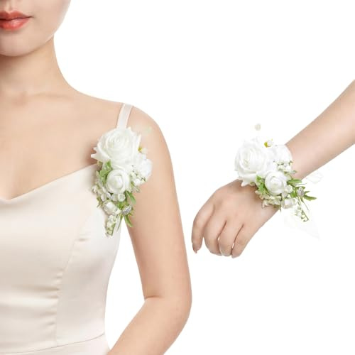Ling's moment 2pcs Homecoming Wedding Wrist/Shoulder Corsage Artificial Flower, Girl/Mother Prom Corsage Wristlet Décor, etc. White Lily Valley