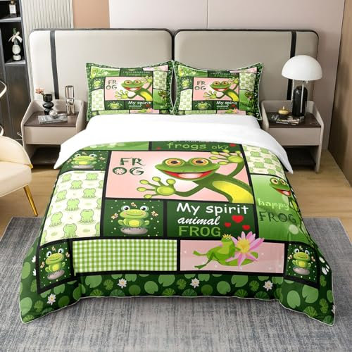 Kawaii Frosch 100% Natur Baumwolle Bettbezug, Aquarell Frösche Sommer Wilde Bettwäsche Set für Zimmer, Retro Checker Patchwork Bettwäsche mit Reißverschluss 135x200