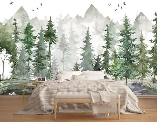 Naturempress Papier Peint Panoramique Montagne De Pins À L'Aquarelle Papier Peint Intissé Tapisserie Poster Mural pour Salon Chambre Décoration Murale