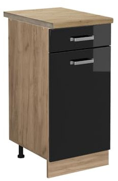 Vicco Küchenunterschrank R-Line, Schwarz Hochglanz/Goldkraft Eiche, 40 cm, AP Eiche