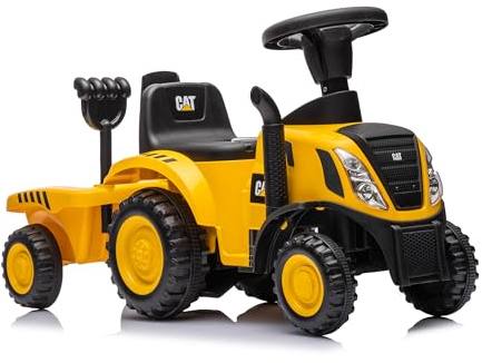 Rutschauto Traktor ab 1 Jahr | Kinderauto mit Anhänger | Rutschfahrzeug mit Schaufel und Rechen | Kinderfahrzeug in blau | Rutscher mit Soundtasten und Licht | Lizenziertes Kinderspielzeug (CAT gelb)