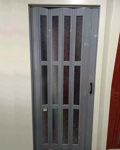 Concertina Door Grey Folding PVC Accordion Door, Wood Grain Vinyl Gray Sliding Doors with Handle Hardware, Space Saving Shower Living Room Concertina Panel Gate(31x40in(78.5x101cm))
