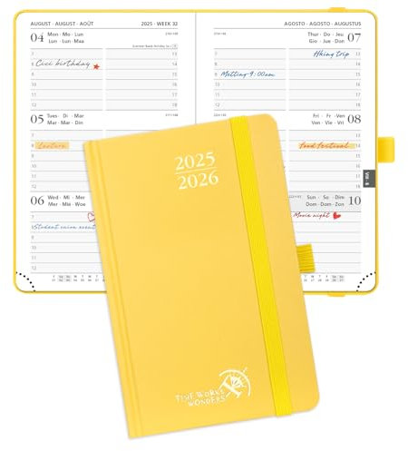 POPRUN Taschenkalender 2025 2026 Klein Hardcover, ca. A6 (16 x 10,5 cm) - Kalender 2025 2026 Klein (Aug.2025-Dez.2026) - Wochenplaner 1 Woche 2 Seite mit Innentasche - Hellgelb