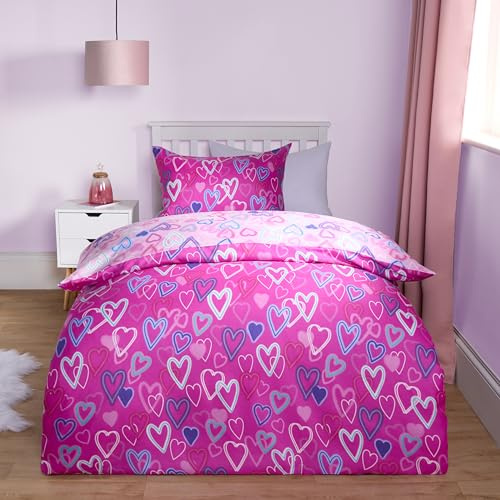 OHS Hearts Duvet Double, Microfibre Soft Valentines Day Quilt Covers Double Bed Set with Pillowcases Bedding Covers Luxury Super Soft Comfy, Pink