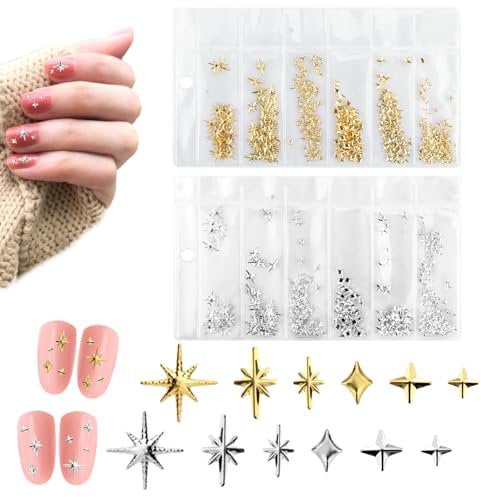 700pcs Star Nail Charms for Nails Art, Gold Silver Star Nail Gems Jewel, 3D Multi Style Star Nail Studs, Nail Jewelry Rhinestone Crystal Decoration Supplies Accessories for Woman Girl