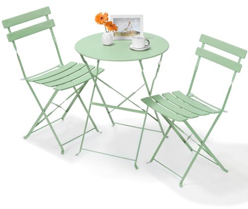 Gartenmöbel Bistro Set Metall, Bistro Set Klappbar 3 Teilig, Balkonset 2PCS Klappstühle 1 Klapptisch, Balkonmöbel Klappbar, Wetterfest, Sitzgarnitur, Balkonmöbel Set für Balkon und Garten, Grün