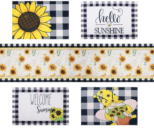 Simpeak Sonnenblume Tischläufer mit 4 Tischsets, Sonnenschein Sommer Polyester Tischdekoration für Täglich Party Küche Esszimmer Ferienhaus Tisch Decor, 30 x 180 cm/12 x 71