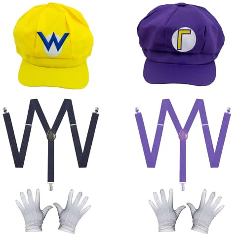 MUNSKT Super Bros Kostüm-Set, Hut, Schnurrbart, Handschuhe, Knöpfe und Hosenträger für Erwachsene und Kinder, ideal für Cosplay, Party, Karneval, Halloween-Kostüm, Geburtstag und Neujahr
