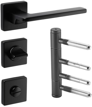 SOTECH Türdrückergarnitur ADAMO II Bad WC-Set schwarz 3-teilig | inkl.Stahl Scharniere Ø15 mm mit Nylon-Gleitlager bis 60 kg Tragkraft - Stilvolle und robuste Kombination für Badezimmertüren