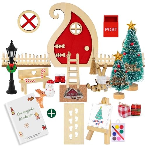 POFIBO Wichteltür Set & Wichtel Zubehör – Wichteltür mit Buch, Weihnachtsdeko, 43-teiliges Wichtel Zubehör Set, DIY Mini-Wichtelwelt für Kinder
