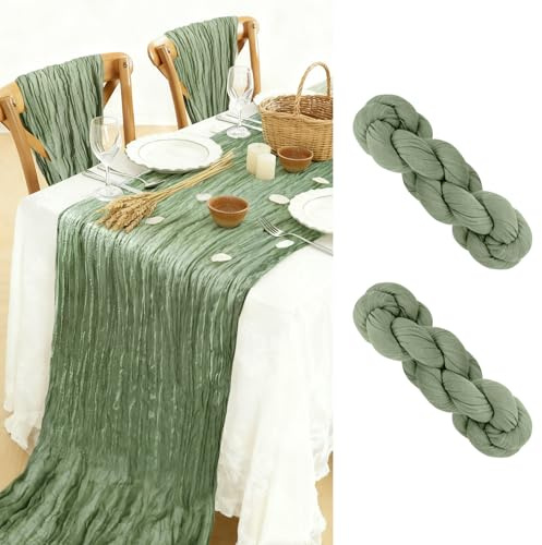 BOUBONI 2 Stück Seihtuch Tischläufer 90x300cm Boho-Gaze Käsetuch Tischläufer für Hochzeit Dekoration Geburtstag Party Babyparty Tischdekoration (Salbeigrüner)
