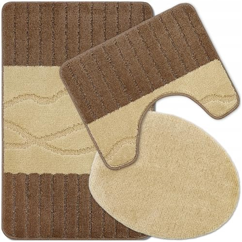 Decorator HOME Badteppich Set 3-TLG. Welle Bronze Ecru – rutschfest & Weich, Badematte für Badezimmer Teppich 50x80 cm & 50x40 cm - Ideal für Fußbodenheizung